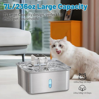 Wireless Dog Water Fountain - Dog Water Bowl Dispenser, 7L/236oz Large Capacity Stainless Steel Cat Fountain with Motion Sensor, Auto Water Dispenser for Multi-Pet Home (Square+5 Filters+5 Sponges)