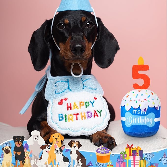 Dog Birthday Cake Toy Accessories for Girl Boy Gifts, Squeaky Plush Toy for Dog Birthday Party Decor Favor for Large, Medium and Small Dogs(5th,Blue)
