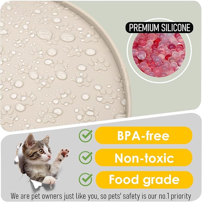 Pet Feeding Mats for Food and Water, Waterproof Anti-Slip Placemats for Dog Cat Bowl, 2 Pack Silicone Pet Food Mat, Dishwasher Safe 10.9 × 10.9 (2 Beige, Small Paws)