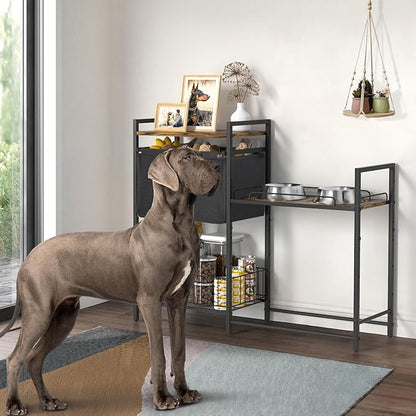 Elevated Dog Bowls Stand for X-Large & Large Breed, 7 Adjustable Heights from 2"-22" Raised Dog Feeding Station with Toy Bin Basket, Lifted Dogs Food Bowl Holder Cabinet Pet Storage Organizer