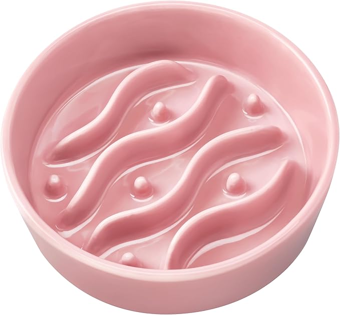 Ceramic Slow Feeder Dog Bowls for Small Dogs, 0.6 Cup Dog Slow Feeder for Fast Eater, Puzzle Maze Bowl, 14oz, 6in, Salmon Pink