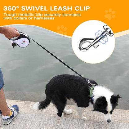 ILOMAX 360° Tangle-Free Retractable Dog Leash Built-in Waste Bag Dispenser Under Handle 2 Rolls Poop Bags Included Heavy Duty Tape Leash for Dogs up to 30kg Carry Pouch Included.16ft (White, L)