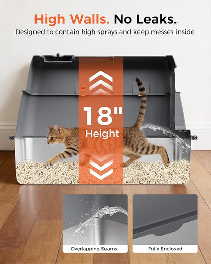 GTPLAYER XXL Stainless Steel Cat Litter Box with Lid, High Sided Enclosed Cat Litter Box, Activated Carbon Odor Control, Extra Large Metal Litter Box, Anti-Leak, with Mat & Scoop, Grey 2 Pack