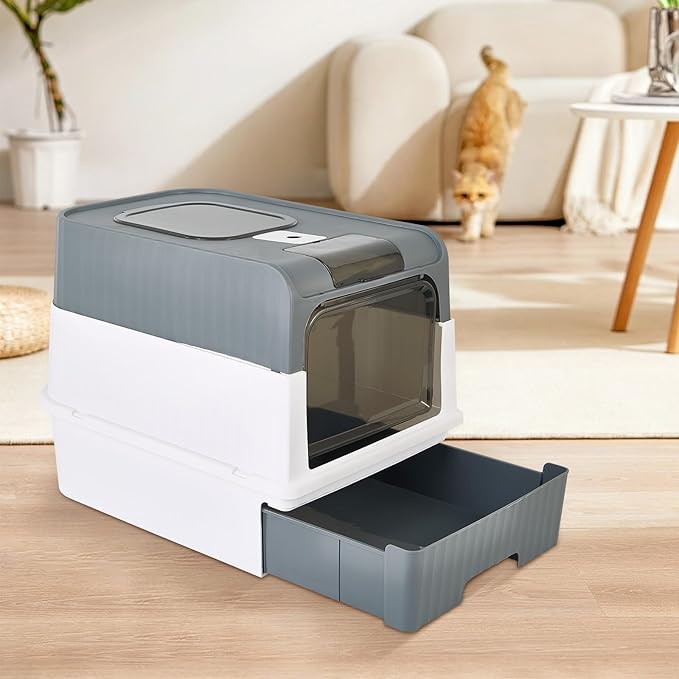 Cat Litter Box with Litter Mat, 18"x14"x13" Large Litter Box for Big Cats, Enclosed Removable Litter Boxs, Front Entry Top Exit Kitty Box, Odor Control, Easy to Clean (Grey)