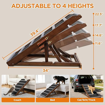 Dog Ramp for Bed, Extra Wide 17", Non-Slip Rubber Surface, Adjustable Folding Pet Ramps for Small & Large Dogs up to 200lbs, Walnut Wood Stairs for Old Dachshund/Labrador to Get on High Couch or Car