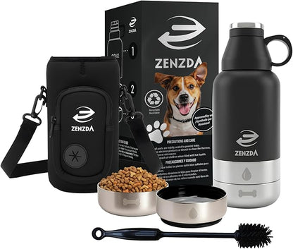 3-in-1 Dog Water Bottle – Insulated Stainless Steel Travel Bottle with Food Bowl, Leakproof, Carrying Bag & Brush