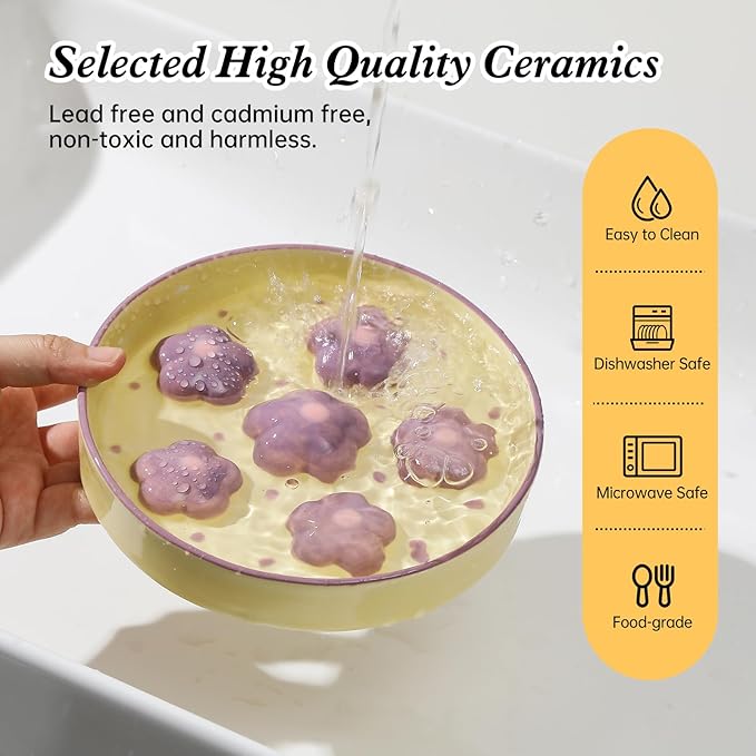 Ceramic Cat Slow Feeder Bowl - 6 OZ Puzzle Food Dish for Healthy Eating - Shallow Wide Whisker Friendly - Dishwasher Safe - 6.3''W x 1.2''H - 6 OZ - Light Purple Flower