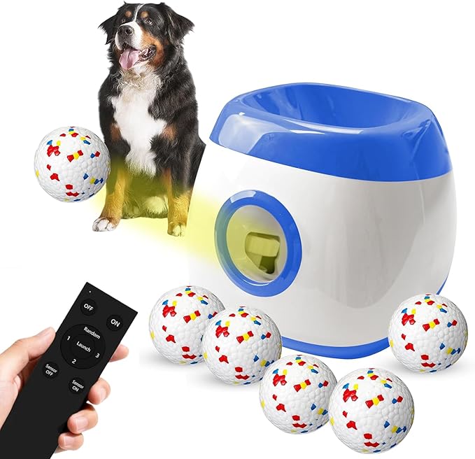 Large Automatic Dog Ball Launcher, Dog Ball Throw Launcher, 3 Adjustable Distance 40-80FT, with 6 2.5-inch ETPU Balls, for Medium&Large Dogs, Indoor and Outdoor Remote Control Interactive Dog Toys