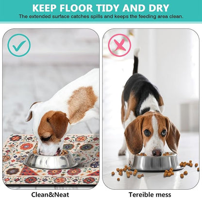 Moroccan Trellis Dog Food & Water Mat, Boho Colorful Vintage Pet Feeding Mat for Floor Non-Slip Waterproof, Super Absorbent Cat Bowl Mat, Easy to Clean Durable Pet Placemat,16" × 24"