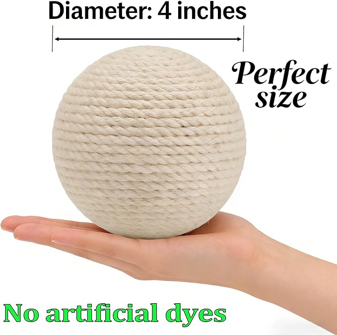 4-Inch Sisal Cat Toy Balls with Crinkle Sound | Indoor Cat Toys for Teething, Claw Sharpening & Play | Large Size Prevents Rolling Under Furniture (White)