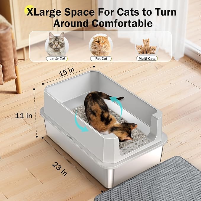 Stainless Steel Litter Box, Extra Large Litter Boxes for Big Cats, XLarge Metal Cat Litter Box with Lid, Anti-Urine Leakage XL Box with High Sides, Easy Clean, Non-Sticky, Scoop Included