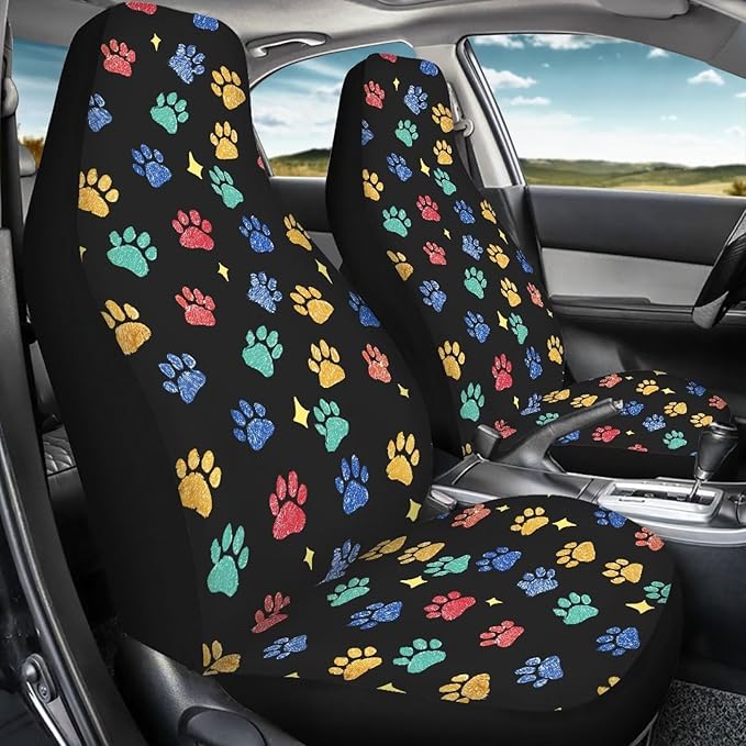 Dreaweet Colorful Dog Paws Print Car Seat Covers Front Seats Only Cute Car Accessories 2 Piece Washable & Universal Seat Covers for Cars SUV Sedan Trucks