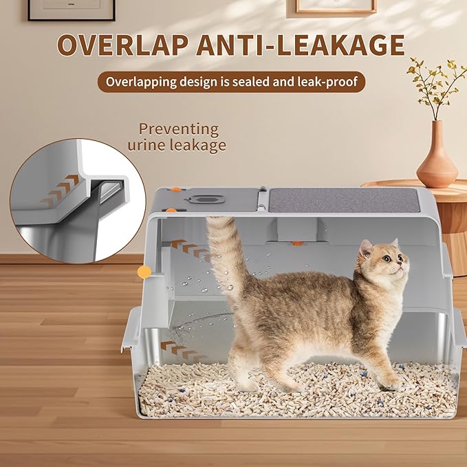 XXXXL Stainless Steel Litter Box with Lid,28.0" L × 20" W × 17" H Extra Large High Sided Cat Litter Box for Multi -Cats,Enclosed Metal Litter Box with Cat Scratcher and Scoop,Grey
