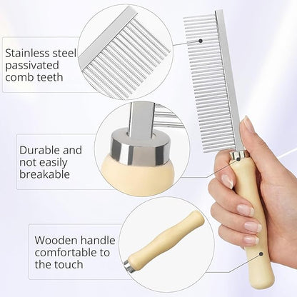 Pet Comb - Stainless Steel Teeth and Wooden Handle - Detangling and Smoothing Tool for Long and Short Hair Dogs and Cats