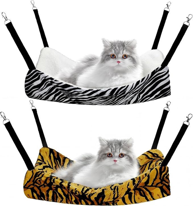 Jetec 2 Pack Cat Hammock for Cage, Catio Accessories Reversible Soft Cats Bed with Adjustable Straps and Hooks Double-Sided Linen and Fleece Hanging Hammock for Cats, Kitten(Zebra, Tiger Stripes,M)