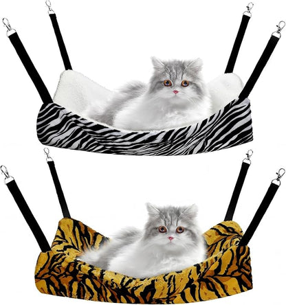 Jetec 2 Pack Cat Hammock for Cage, Catio Accessories Reversible Soft Cats Bed with Adjustable Straps and Hooks Double-Sided Linen and Fleece Hanging Hammock for Cats, Kitten(Zebra, Tiger Stripes,M)