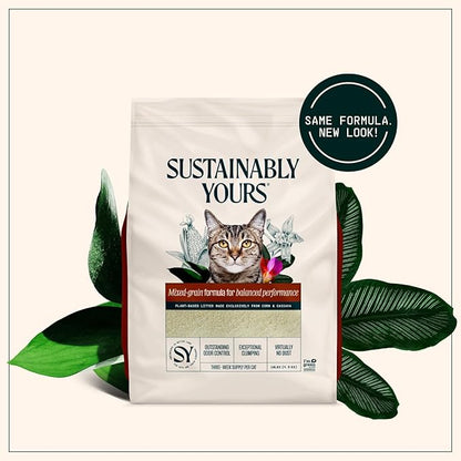 Sustainably Yours Natural Cat Litter, Mixed-Grain Formula, Exceptional Clumping & Odor Control, Virtually No Dust, Easy to Scoop, Corn & Cassava Plant-Based, Unscented, 10 lbs