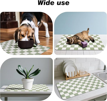 Checkered Dog Food Mat, Absorbent Leak-Proof Pet Feeding Mat, Quick Dry Cat Food Mat for Messy Drinkers 12" x 20" Green