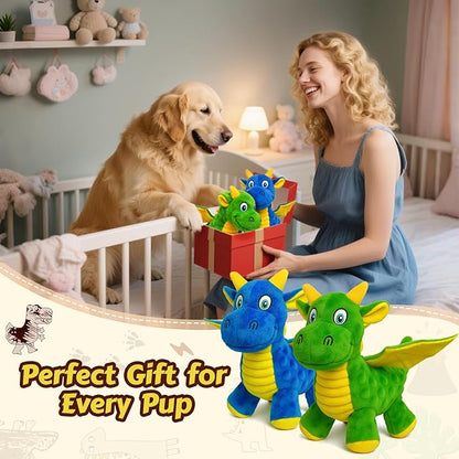 Squeaky Dog Toys - 2 Pack Soft Plush Dragon Dog Toy with 5 Squeakers & Crinkle Paper, Dog Toys for Small, Medium and Large Dogs (Green & Blue,10")