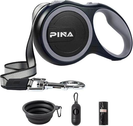 PINA Retractable Dog Leash, 26ft Dog Leash for Small Medium Large Dogs Up to 110lbs, 360° Tangle-Free Strong Reflective Nylon Tape, with Anti-Slip Handle, One-Handed Brake, Lock - Black Gray