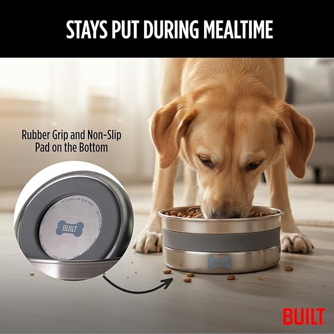 BUILT 38 Oz Dog Bowl - Non-Skid Pad & Soft Grip Ring - Double Wall Stainless Steel, BPA-Free, Non-Porous & Rust-Resistant - Pet Food & Water Bowl for Dogs & Cats - Heavy Duty (Grey)