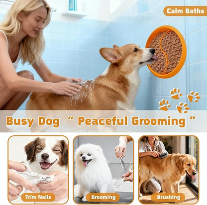 Dog Lick Bowl, Non-Slip Slow Feeder Dog Bowl, Silicone Licking Mat with Treat Dispenser, Entertainment Dog Puzzle Play, Feeder Bowl to Relieve Anxiety, Dishwasher Safe,with Brush & Spatula (Orange)