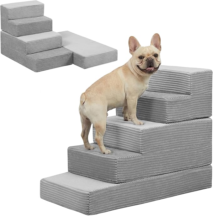 Dog Stairs for Small Dogs, 5 Step Pet Stairs for High Beds and Couch, Dog Steps for Bed Balanced 22.4" H, Foldable Pet Ramp for Large Cats Climb, Non-Slip Bottom Doggy Step, Light Grey