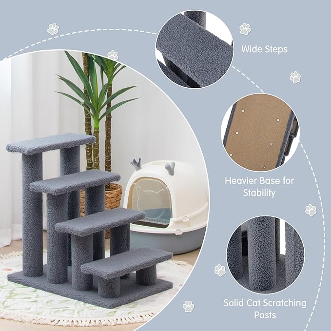 Tangkula Pet Stairs for Cats and Dogs, 4-Step Carpeted Ladder Ramp Cat Climber Cat Scratching Post, Multi-Step Dog Stairs for High Beds, Couch (Grey)