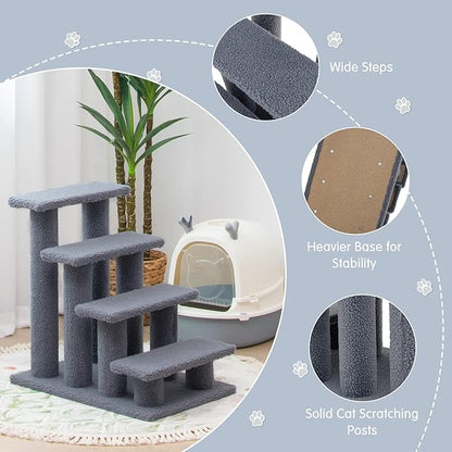 Tangkula Pet Stairs for Cats and Dogs, 4-Step Carpeted Ladder Ramp Cat Climber Cat Scratching Post, Multi-Step Dog Stairs for High Beds, Couch (Grey)