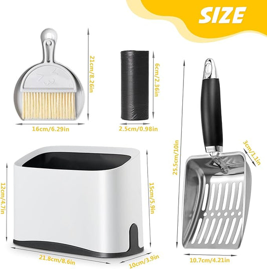Cat Litter Scooper with Holder, Stainless Steel Cat Litter Scoop, Kitty Poop Scooper Stand for Litter Box, Cat Caddy for Litter Scoop, Fast Sifting Kitty Poop Scooper Caddy Poop Scooper Stand