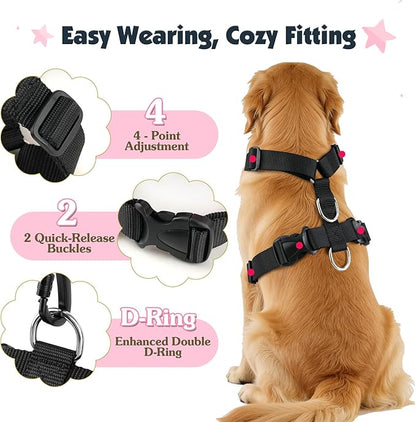 Pawaboo Dog Seat Belt Harness for Car, Dog Car Harness Seatbelt with Double Clips, Adjustable Breathable Pet Vest & Dogs Safety Tether with Elastic Bungee for Small Medium Large Pet, L, Pink + Black