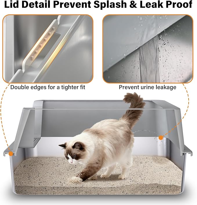 XL Stainless Steel Litter Box, Extra Large High Sided Metal Cat Litter Box with Lid and Scooper, Easy Clean, Non Stick & No Smell