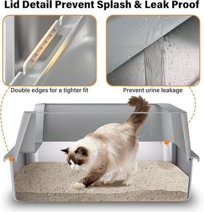 XL Stainless Steel Litter Box, Extra Large High Sided Metal Cat Litter Box with Lid and Scooper, Easy Clean, Non Stick & No Smell