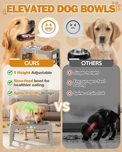 Elevated Dog Bowls for Medium Size Dogs with Mat, Non-Slip Dog Feeder with 1*Stainless Steel Dishes & 1*Slow Feeder Bowl, 5 Heights Adjustable Raised Bowls for 3.15″-8.66″-9.84″-11.02″-12.2″
