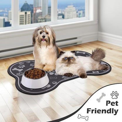 Dog Cat Food Mat,Rapid AbsorbentPet Feeding Mat, Bone Shaped Dog Placemat Water Bowl Mat with Rubber Backing,No Stains Dog Cat Food Mats Indoor, Pet Accessories Supplies 17""×29"" Dark Grey