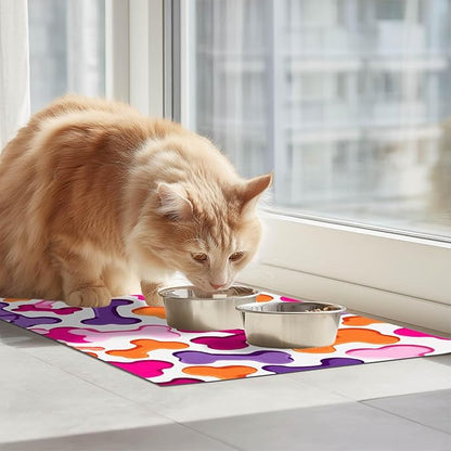 Colorful Dog Bone Pattern Pet Food Mat for Dog Food and Water Bowl Pet Feeding Bowl Mats for Pet Feeding Areas Funning Easy Clean Fast Dry Cat Water Bowl Mat 24" x 16"