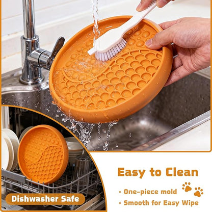 Dog Lick Bowl, Non-Slip Slow Feeder Dog Bowl, Silicone Licking Mat with Treat Dispenser, Entertainment Dog Puzzle Play, Feeder Bowl to Relieve Anxiety, Dishwasher Safe,with Brush & Spatula (Orange)