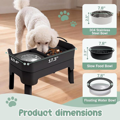 4 in 1 Adjustable Elevated Dog Bowls with 2*Stainless Steel Bowls, Anti-Spill Water Bowl, 4 Heights Raised Dog Bowl Stand for Small to Medium & Growing Large Puppies, Anti-Slip, Mess Proof Design