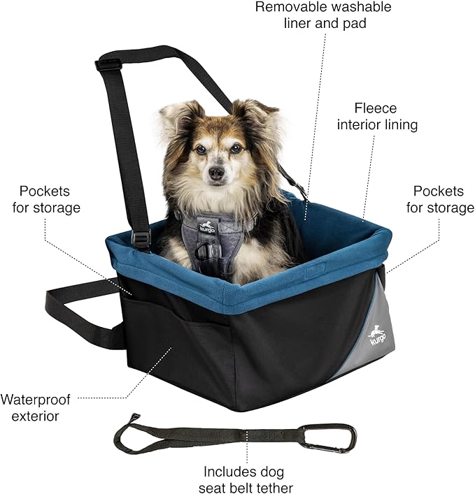 Kurgo Dog Booster Seat - Keeps Dogs Secure & Comfortable - Waterproof Exterior - Removable Washable Liner - Dog Car Seat with Harness Strap - Collapsible - Rover Style - Black/Blue