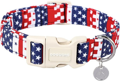 DOGWONG Cotton Dog Collar - 4th of July Patriotic Puppy Necklace for Small to Large Dogs, Soft Natural Fabric, Blue Star