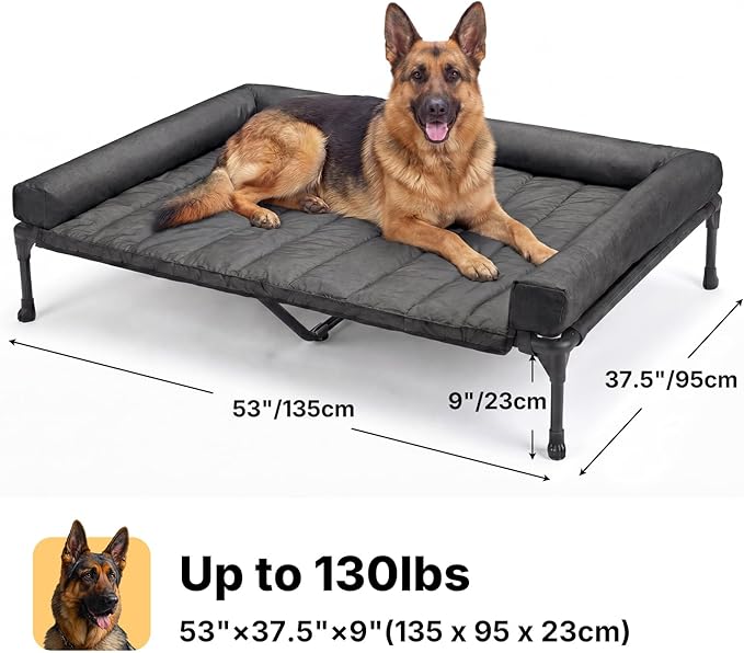 Veehoo Cooling Elevated Dog Bed Add Removable Waterproof Bolster Cushion Mat, Raised Pet Cot with Breathable Teslin Mesh, No-Slip Feet, Dog Couch Bed for Indoor Outdoor, 53 inches, Black