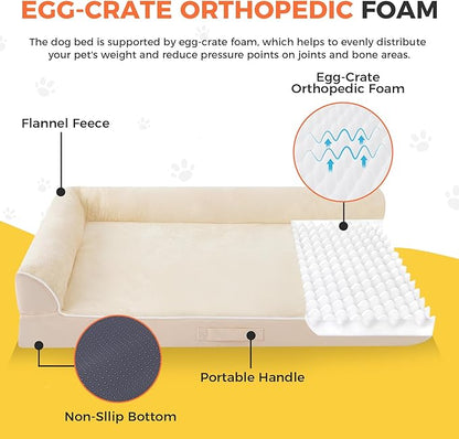 Dog Bed Large Sized Dogs, Orthopedic Dog Bed for Large Dogs, Waterproof Pet Bed with Washable Removable Cover, L-Shaped Pet Couch with Portable Handle 36"x27"x6.5", Beige