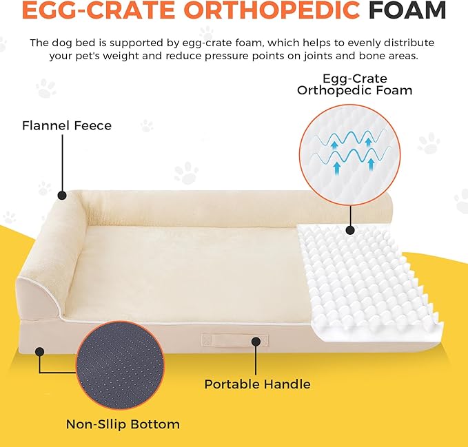 Dog Bed Large Sized Dogs, XXL Orthopedic Dog Bed for Large Dogs, Waterproof Pet Bed with Washable Removable Cover, L-Shaped Pet Couch with Portable Handle 48"x35"x7.5", Beige