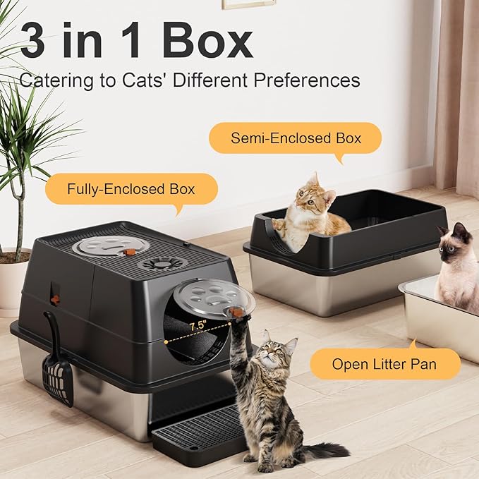 Stainless Steel Litter Box 24" with Lid, XL Extra Large Litter Box, Enclosed Top Entry Metal Litterbox for Big Cat, Easy Cleaning, Anti-Leakage & High Sided with Mat, Aisle & Scoop Black