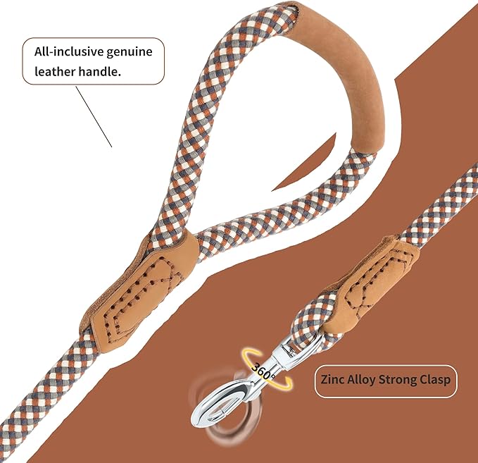 Mile High Life | Premium Leather Dog Leash | Strong Rope Leash | Leather Handle | Zinc Alloy Strong Clasp | Small Medium Large Dogs | 4/5/6 Feet(Brown, 72 Inch (Pack of 1))