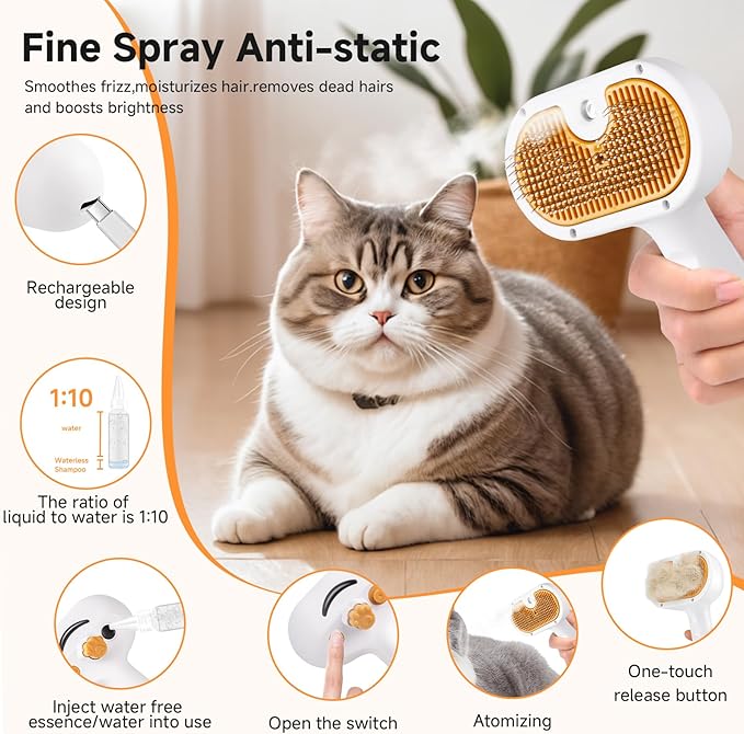 3-in-1 Pet Steam Brush Set for Dogs & Cats, Grooming Comb with Spray, Defur Tool, Water-Assisted Hair Removal, Gentle Cat & Dog Spritz Brush, Multi-Purpose Steam Grooming Kit