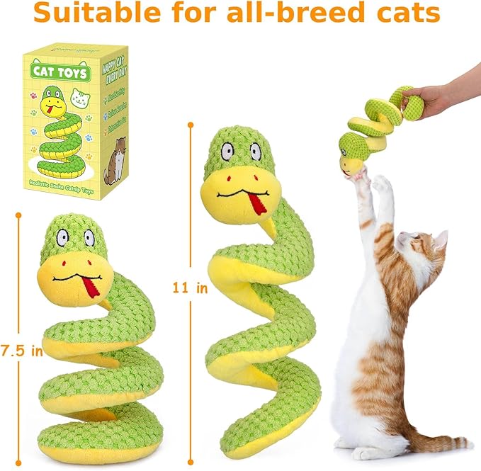 Retro Shaw Interactive Indoor Cat Toys – 11" Realistic Snake with Silvervine & Catnip, Crinkle Sound & Spring-Loaded Design, Bite-Resistant Plush Kicker for Kitten Teething, Boredom Relief & Exercise