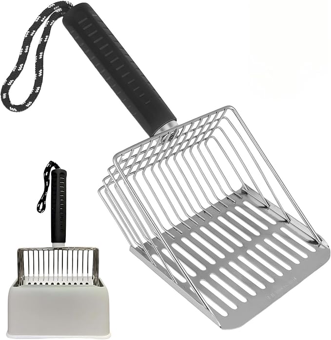 Cat Litter Scoop with Holder, Solid and Durable Metal Litter Scoop, Stainless Steel Litter Box Scooper, Heavy Duty, Black Rubber Handle