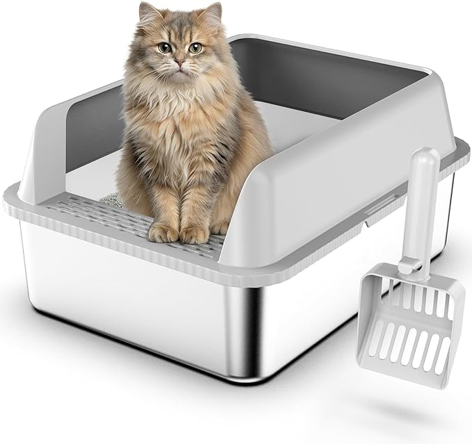 Stainless Steel Litter Box with Lid, 17.3”×13.4”×9" Kitty Litter Box for Kittens & Small Pets, High Sides Metal Cat Litter Box for Leak Proof, Easy to Clean, Non-Stick, Odor Control