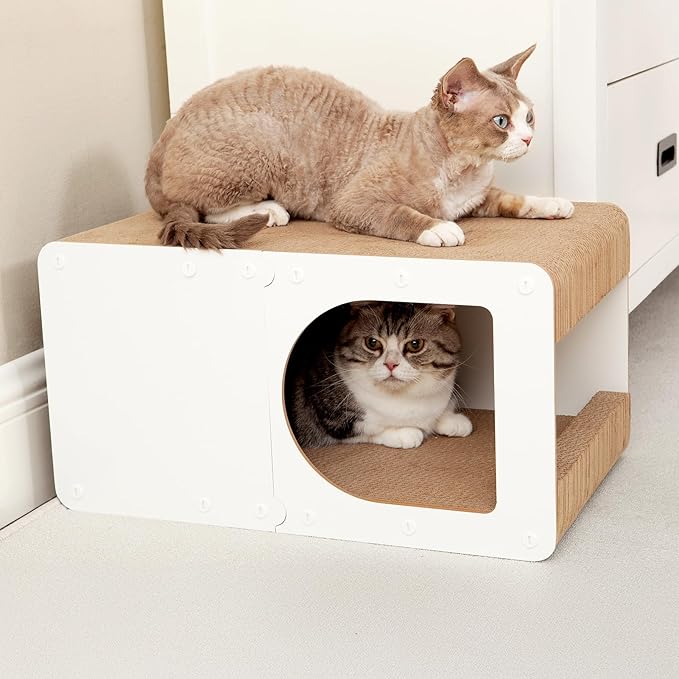 EHEYCIGA Cardboard Cat Scratcher House, 20-Inch Corrugated Cat Scratcher for Indoor Cats, Large Scratching Board Pad, White